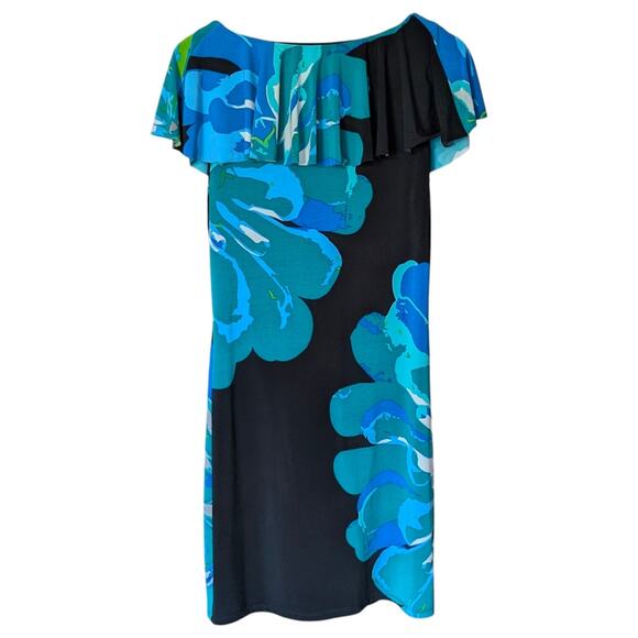 Nine & Co Blue & Black Floral Stretch Short Sleeve Dress 12 - Picture 2 of 4